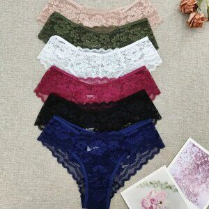 6 PAIR LACED FLORAL SEMI-SHEER LOW RISE BIKINI PANTIES SIZE 12